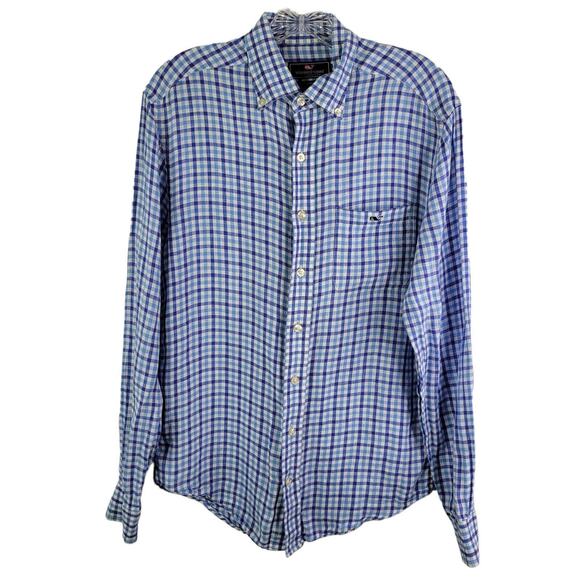 Vineyard Vines Shirt Mens Small Blue Gingham Check Linen Classic Fit Tucker - Picture 2 of 8